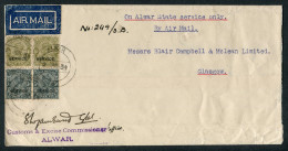 1934 India Alwar State Service, Costoms & Exerciase Commissioner Official Airmail Cover - Glasgow Scotland Via Jodpur - 1911-35 King George V