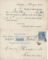 NEW ZEALAND 1892 POSTCARD SENT FROM WELLINGTON TO MASTERTON - Briefe U. Dokumente