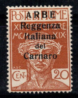 Arbe 1920 Sass. 7 Neuf * MH 100% 20 C, Régence Italienne - Arbe & Veglia
