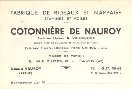 Carte De Visite Et Commerciale De La Fabrique De Rideaux Et Nappage Cotonnière De Nauroy (Aisne) Années 50' - Textile & Clothing