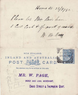 NEW ZEALAND 1892 POSTCARD SENT FROM WELLINGTON - Lettres & Documents