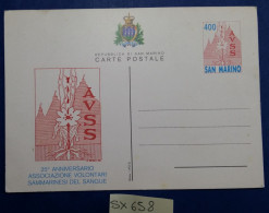 INTERO POSTALE SAN MARINO 25 ANNIV. ASS. VOLONTARI DEL SANGUE (SX658 - Postal Stationery