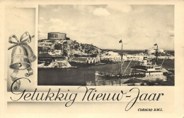 Curacao, D.W.I., Happy New Year, Shell Oil Tanks, Ship (1940s) RPPC Postcard - Curaçao