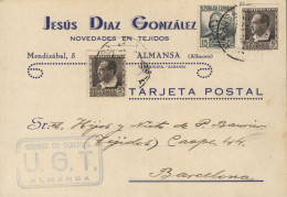 Tarjeta Comercial Circulada De Almansa A Barcelona, El 30/8/37. Marca "COMITÉ DE CONTROL - UGT - ALMANSA". - Republikeinse Censuur