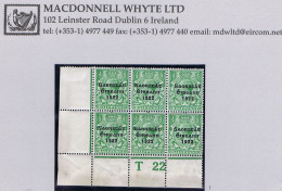 Ireland 1922-23 Thom Saorstát 3-line Overprint In Blue-black On ½d Green Corner Block Of 6 Control T22 Perf Plate 4 - Neufs