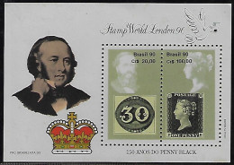 Brazil Souvenir Sheet 150 Years Of Penny Back Issue MNH Stamp World London 1990 Sir Howland Hill Bull's Eye Crown - Blocchi & Foglietti