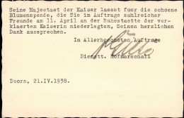 Kaiser Wilhelm II. Dankeskarte Haus Doorn 1938 Mit Unterschrift Hofmarschall II (Bugspur) - Koninklijke Families