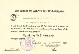 Verleihungsurkunde Ehrenkreuz Für Frontkämpfer, Wuppertal 1935 II - Oorlog 1939-45