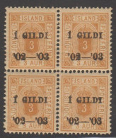 1902. Official. I GILDI. 3 Aur Yellow. Perf. 12 3/4. Beautiful 4-block Never Hinged With Dif... (Michel D10B) - JF539458 - Service