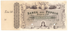 30 LIRE PROVA SU CARTONCINO CON MATRICE BANCA DEL POPOLO FIRENZE 02/09/1867 SPL- - Autres & Non Classés