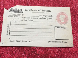 Certificate Of Posting Timbre New** Europe Grande-Bretagne Royaume Uni Entiers Postaux-AOP GB-1878 -instructions On Back - Lettres & Documents