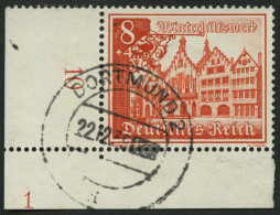 Dt. Reich 734 O, 1939, 8 Pf. Römer, Untere Linke Bogenecke Mit Platten-Nummer 1, Pracht - Oblitérés