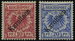 KAROLINEN 3/4I , 1899, 10 Und 20 Pf. Diagonaler Aufdruck, Falzreste, 2 Prachtwerte, Mi. 150.- - Carolinen