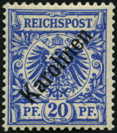 KAROLINEN 4I , 1899, 20 Pf. Diagonaler Aufdruck, Falzreste, Pracht, Gepr. Steuer, Mi. 75.- - Carolinen