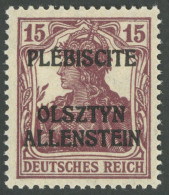 ALLENSTEIN 4aI , 1920, 15 Pf. Karminbraun, Sog. Siegermarke, Postfrisch, Pracht, Kurzbefund Gruber, Mi. 110.- - Andere & Zonder Classificatie