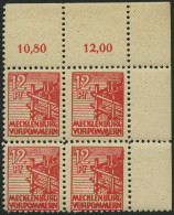 MECKLENBURG-VORPOMMERN 36zb VB , 1946, 12 Pf. Rot, Dünnes Papier, Im Oberen Rechten Eckrandviererblock, Pracht, Gepr. Kr - Autres & Non Classés