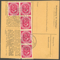 BUNDESREPUBLIK 130 BRIEF, 1954, 20 Pf. Posthorn Im Fünferblock (rückseitig) Und Zusatzfrankatur Auf Paketkarte Aus NEURE - Autres & Non Classés