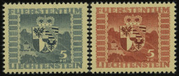 LIECHTENSTEIN 243,252 , 1945/7, 5 Fr. Wappen, 2 Prachtwerte, Mi. 79.- - Andere & Zonder Classificatie