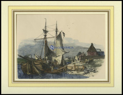 KUSSEN, Teilansicht Mit Segelschiff Im Vordergrund, Kolorierter Holzstich Von G. Schönleber Von 1881 - Stiche & Gravuren