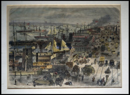 USA: New York, Der Hafen Mit Docks An Der West-Side Mit Schöner Fuhrwerks -und Personenstaffage, Kolorierter Holzstich U - Lithografieën