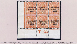 Ireland 1922-23 Thom Saorstát 3-line Overprint In Blue-black On 2d Orange, Corner Block Of 6 Control T22 Perf, Mint - Unused Stamps