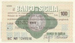 MINIASSEGNO BANCO SICILIA L.100 LA NAZIONE FDS (RY5616 - [10] Checks And Mini-checks