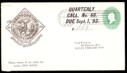 ETATS UNIS(1893) Cerf. Assurance. Entier Publicitaire à 2 Cents. "Hartford Insurance." - ...-1900