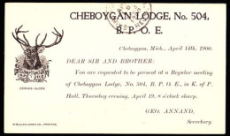 ETATS UNIS(1900) Cerf. Horloge. Entier Publicitaire à 1 Cent. "B.P.O.E., Cheyboygan Lodge, No 504." - ...-1900