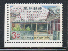 RYUKYU ISLANDS US POSSESSIONS IN JAPAN 1969PROTECTION OF NATIONAL CULTURAL TREASURES NAKAMURA-KE FARM HOUSE BUILT 3c MNH - Ryukyu Islands