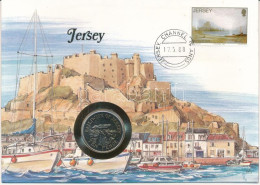 Jersey 1988. 10p Cu-Ni Felbélyegzett Borítékban, Bélyegzéssel, Német Nyelvű Leírással T:UNC  Jersey 1988. 10 Pence Cu-Ni - Unclassified