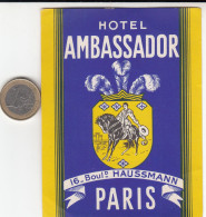 ETIQUETA - STICKER - LUGGAGE LABEL   HOTEL  AMBASSADOR - PARÍS     - FRANCE - Etiquettes D'hotels