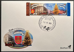 Lithuania Litauen Lituanie 2023 Christmas In Klaipeda Tramway Architecture BeePost Strip Of 2 Stamps FDC - Strassenbahnen