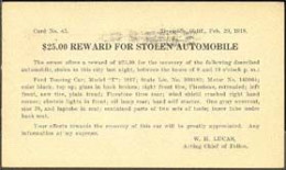 U.S.A.(1918) Auto Theft Reward Card. Postal Card Offering $25 Reward For Recovery Of Ford Touring Card, Model T, Stolen - Cartes Souvenir