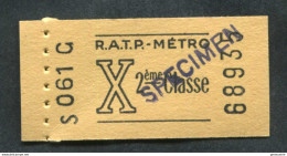 Neuf ! Ticket De Métro Plein Tarif (issu De Carnet) 2ème Cl "SPECIMEN" Période 1960/1966 - Métropolitain Paris RATP - Europa