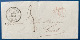 LETTRE Tarif Frontalier 5 OCT 1863 Cachet De Distribution " ANTHÉE " Pour GIVET + Entrée Rouge N°585 " BELG. / GIVET " - Transit Offices