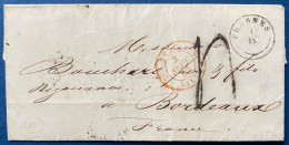 LETTRE 1851 Càd T18 De " FRASNES " (Ht N°1 Indice 18) + Càd Entrée N°589 " BELG. / 5 LILLE 5 " + Taxe 4 Pour BORDEAUX R - Transit Offices