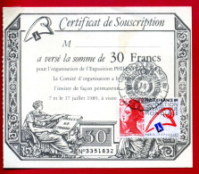 1989 - Certificat De Souscription Pour L'exposition PHILEXFRANCE 89 - Timbre N°2524 Et Cachet De L'expo PHILEXFRANCE - Briefe U. Dokumente