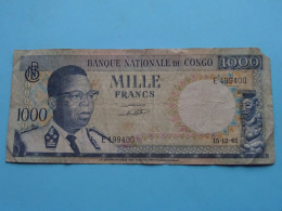 1000 Mille Francs ( See / Voir Scans ) CONGO - 15-12-61 - E499400 ( Circulated ) See CORNER ! - Democratic Republic Of The Congo & Zaire