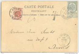 _5Tx946: TX4: ANVERS ARRIVEE: Onvold.-gefrankeerde Postkaart MALINES- Les Halles: Gefrank.N° 53: 1ct: Is Tarief Drukwerk - Lettres & Documents