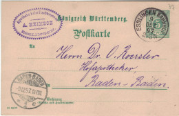 Ganzsache Heimsch Apotheke Beim Fischbrunnen Esslingen 1897 Bahnhof > Dr. O. Roessler Hofapotheker Baden-Baden - Postwaardestukken