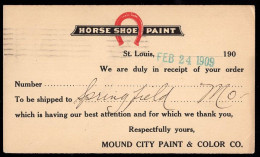 U.S.A.(1909) Horse Shoe. Paint. One Cent Bicolor Postal Card With Advertising: "Mound City Paint & Color Company." - 1901-20