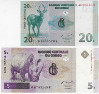 Congo Banknote 20 Centimos + 5 Francs 1997 Pick-83 And Pick-86 Fauna Rhinoceros Waterbuck Uncirculated Catalog US$ 66,25 - Sin Clasificación