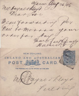 NEW ZEALAND 1896 POSTCARD SENT FROM WANGANO TO FIELDING - Cartas & Documentos