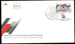 ISRAEL(1990) Artillery Corps Memorial. Unaddressed FDC With Stamp + Tab And Boxed SPECIMEN Overprint. Scott No 1055. - Geschnittene, Druckproben Und Abarten