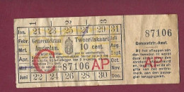 301223 - TICKET CHEMIN DE FER TRAM METRO - PAYS BAS HOLLANDE GEMEENTETRAM AMSTERDAM C AP N°87106 Tweeritskaart  10 Cent. - Europe