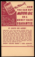 U.S.A.(1940) Can Of Motor Oil. Man Putting Oil* In Automobile.  One Cent Postal Card With Advertising. "Alemite Motor Oi - 1921-40