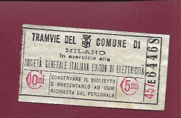 301223B - TICKET CHEMIN DE FER TRAM METRO - ITALIE TRAMWAYS TRAMVIE DEL COMUNE DI MILANO 457 E64468 - Europa