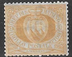 SAN MARINO - 1892 - ORDINARIA  - C 30 ARANCIO - NUOVO  MNH** (YVERT 16 - MICHEL 16 - SS 16) - Unused Stamps