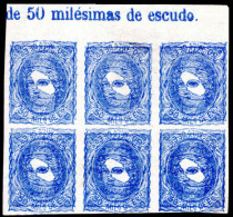 Spain 1870 50c Pale Ultramarine Block Of 6 Doubly Printed, One Inverted. Probably Printers Waste. - Neufs