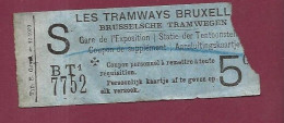 010124A - TICKET CHEMIN DE FER TRAM METRO - BELGIQUE TRAMWAYS BRUXELLES Gare De L'exposition S BT1 7752 5 C. - Europe